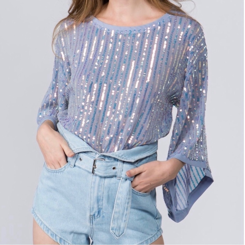Ontwelfth Sequin Strip Mesh Top - Blueish periwinkle Multicolored